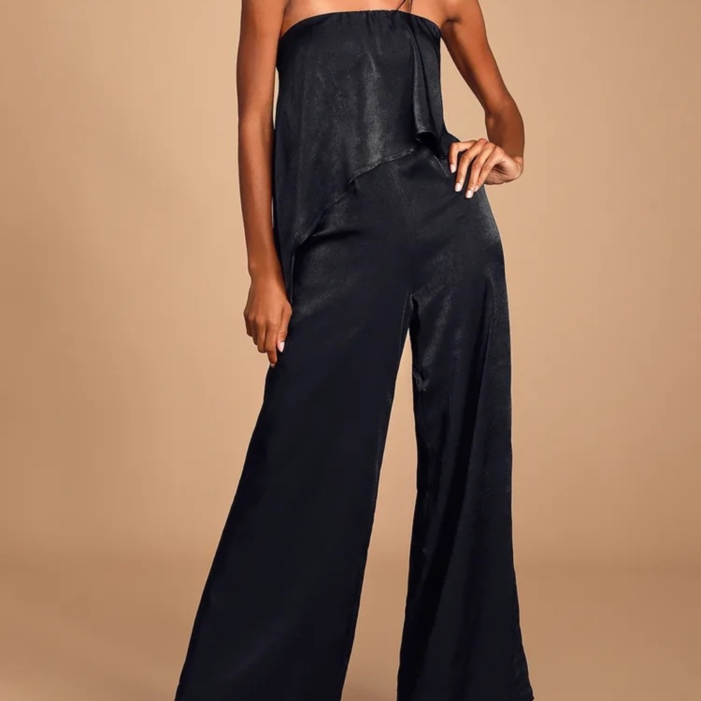 NWT - Black Satin Strapless Wide Leg Jumpsuit